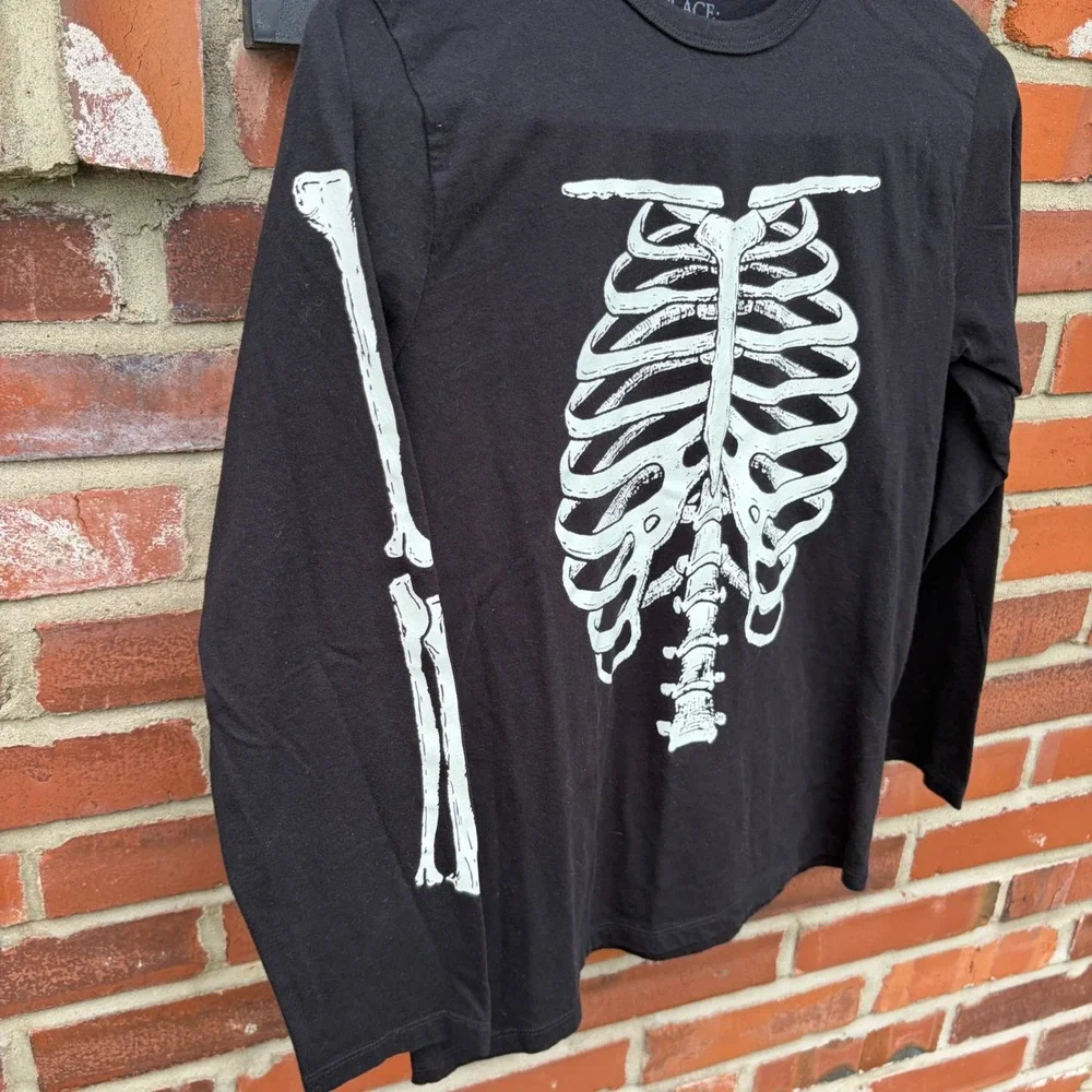 The Children's Place Boys Black Skeleton Graphic Long Sleeve Shirt Size L 10/12